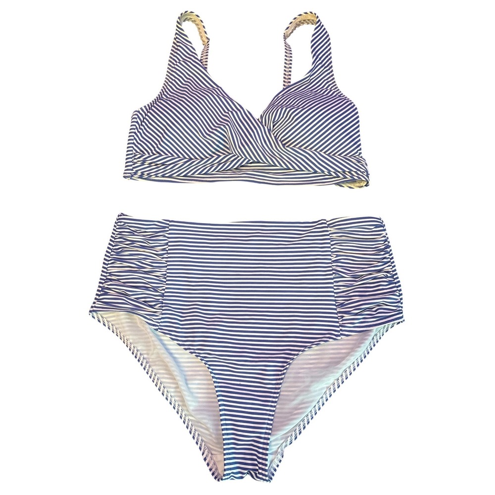 Sea Level Swim Australia Women Blue White Striped High Waist Bikini Set US 10